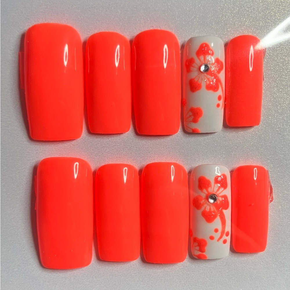 Neon Coral Press-On Nails with Floral Accent